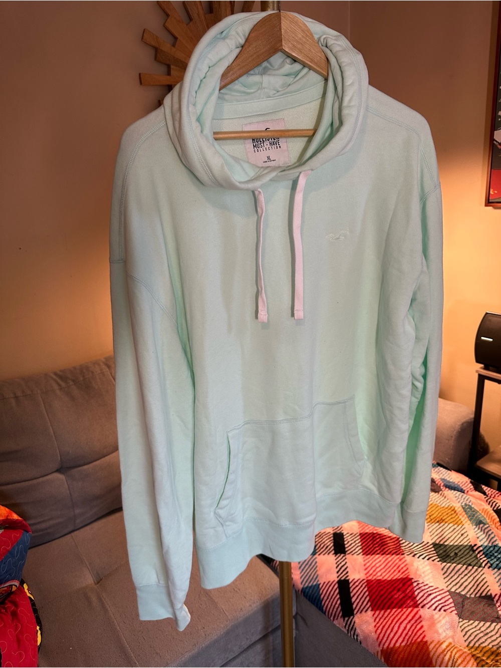 Hollister Men's Light Mint Pullover Hoodie with Kangaroo Pocket